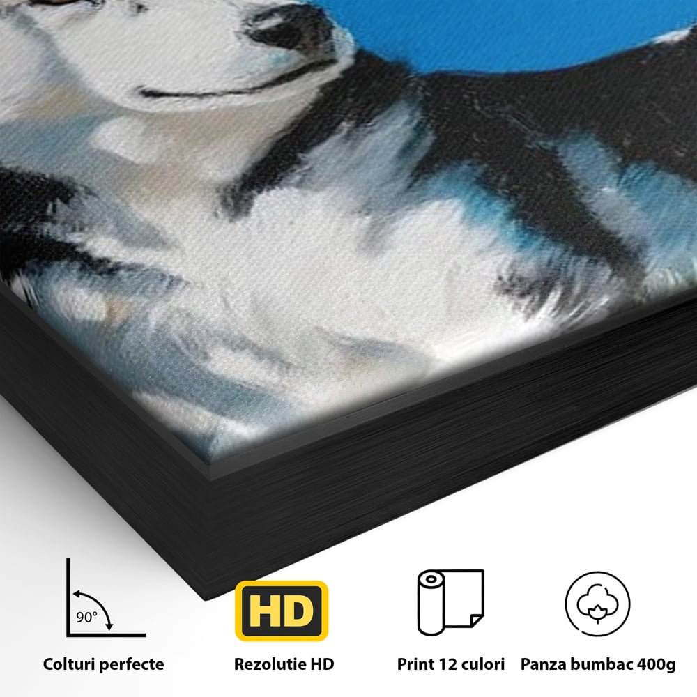 Detaliu al suprafetei: tablou canvas cu husky sub copac, in rama de aluminiu negru